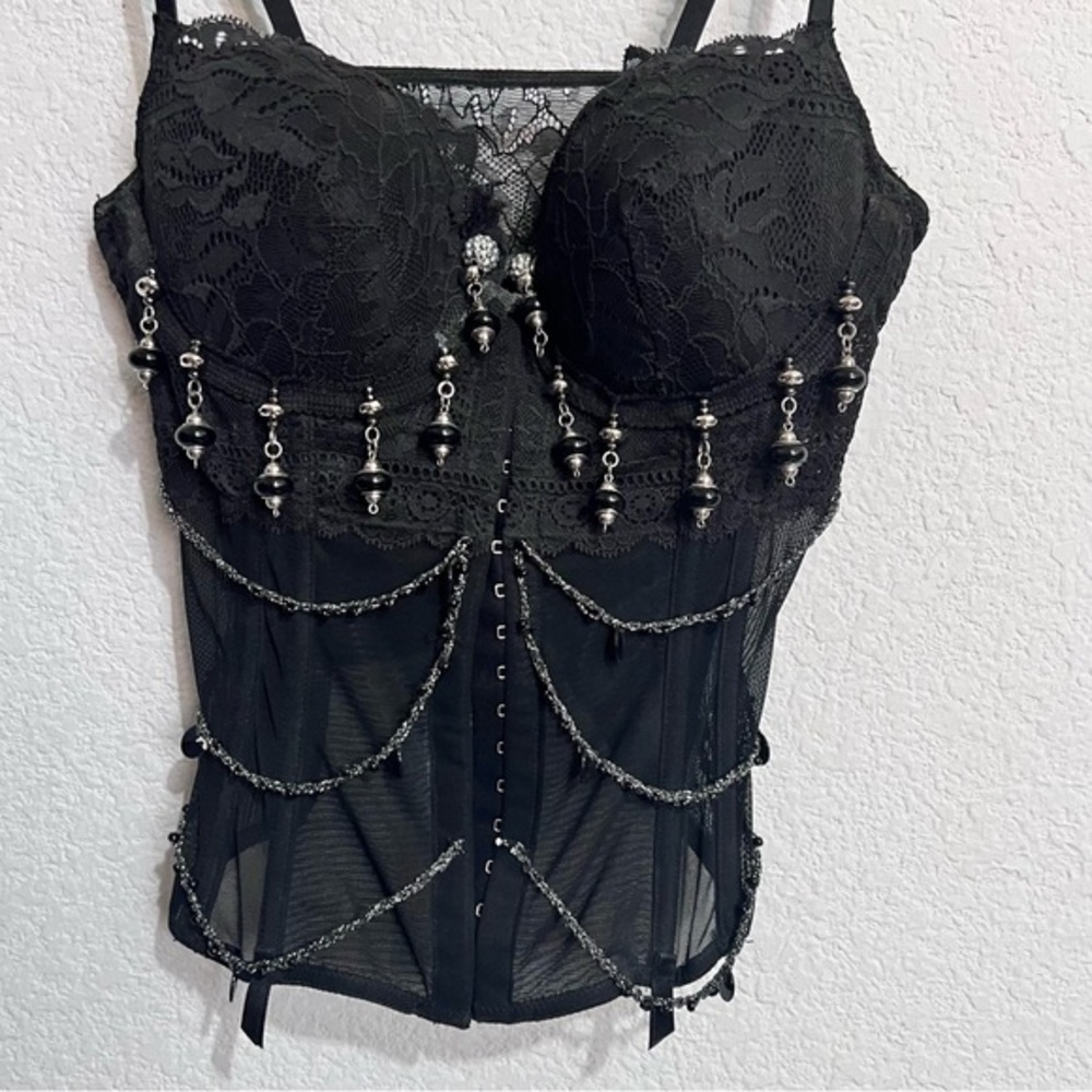 Handcrafted Boutique Festival Black Lace Bustier Padded Underwire Silver Beaded